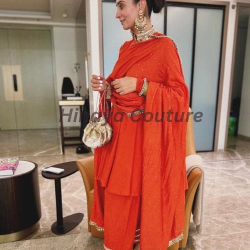 Fanta bright Orange Farshi pakistani-indian Dhoti Punjabi Suit: Hand-Mirrored Indo pakistani Wedding-party wear