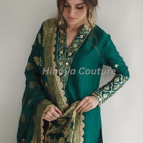 Luxury 3-Piece Pakistani Outfit in Premium Silk with Large Dupatta/Shawl, Elegant Lacing & Handwork – Perfect for Special indian Occasions