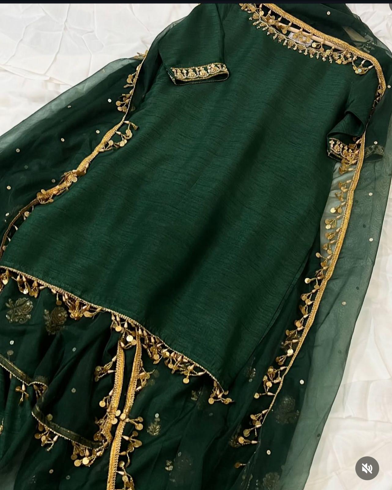 Embroidered Silk Farshi Shalwar Kameez with laces n nice tassels Bottle Green Pakistani Outfit,UK fashion-desi attire,usa parties
