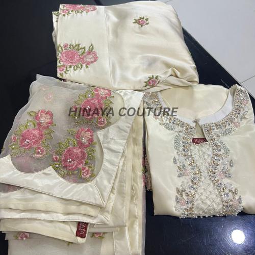 Ivory soft Sheesha Silk Pakistani Suit hand Embroidered 3-Piece Farshi shalwar n short shirt uk,usa,europe desi attire wedding style