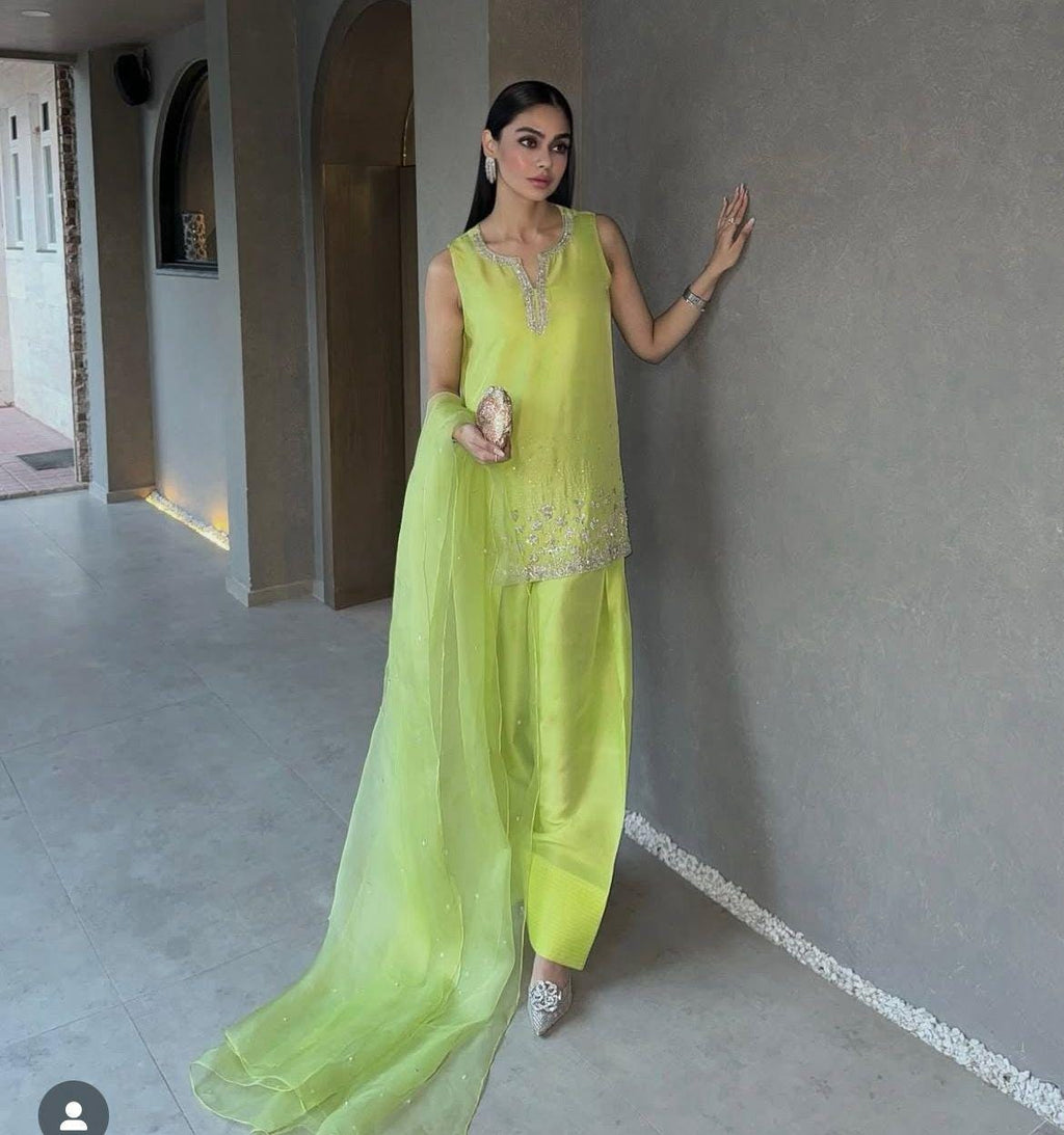 Lime Green Silk Farshi Shalwar Suit: Silver handcrafted Embroidery, Rhinestone Detail pakistani desi attire
