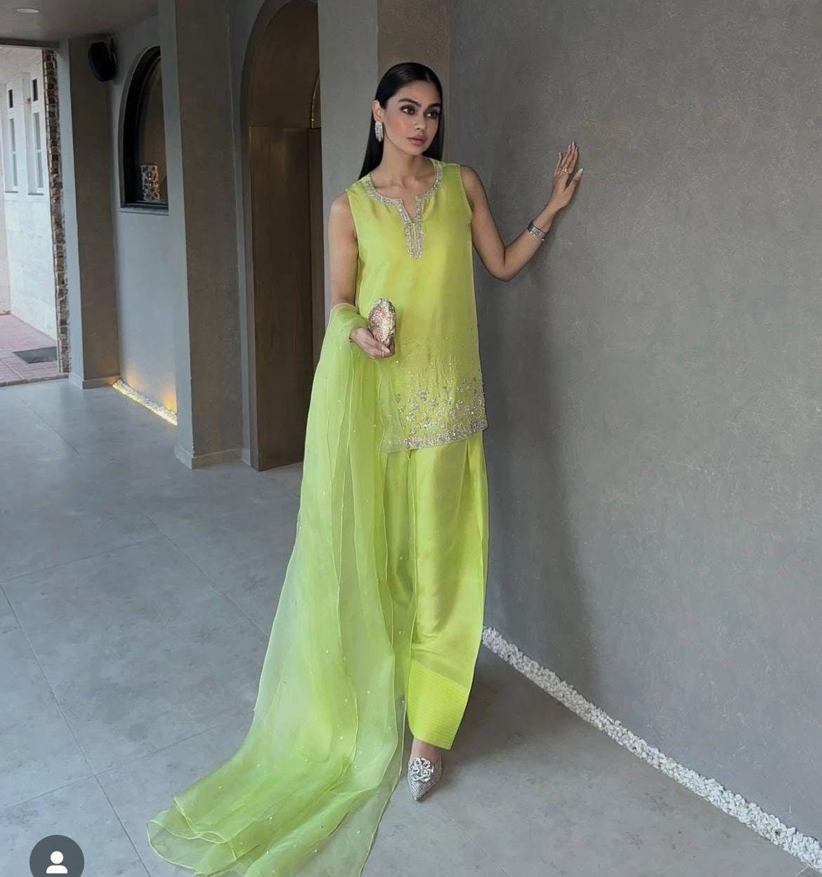 Lime Green Silk Farshi Shalwar Suit: Silver handcrafted Embroidery, Rhinestone Detail pakistani desi attire