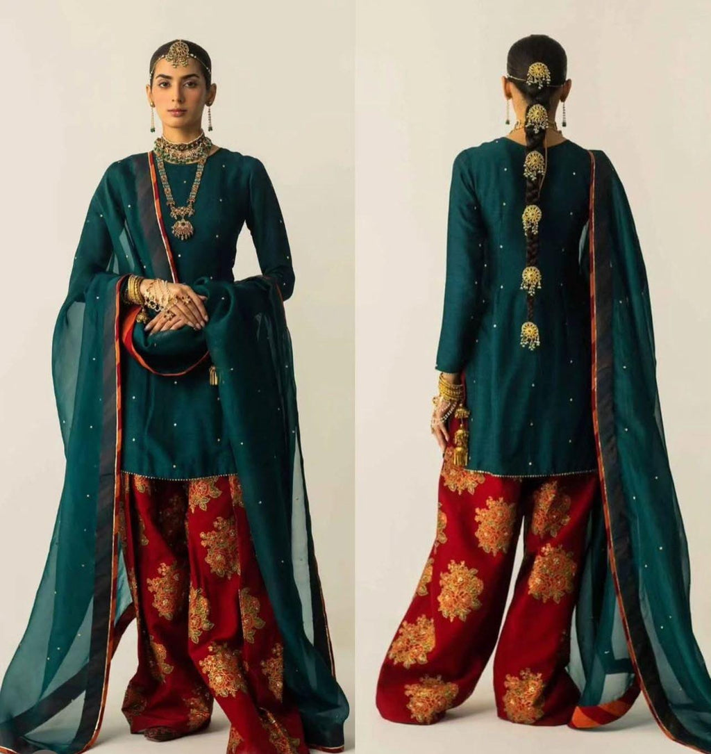 Pakistani Luxury 3-Piece Formal Wear | celebrity Inspired FARSHI Shalwar Set, stunning bloodred and emerald green classy eid n party wear