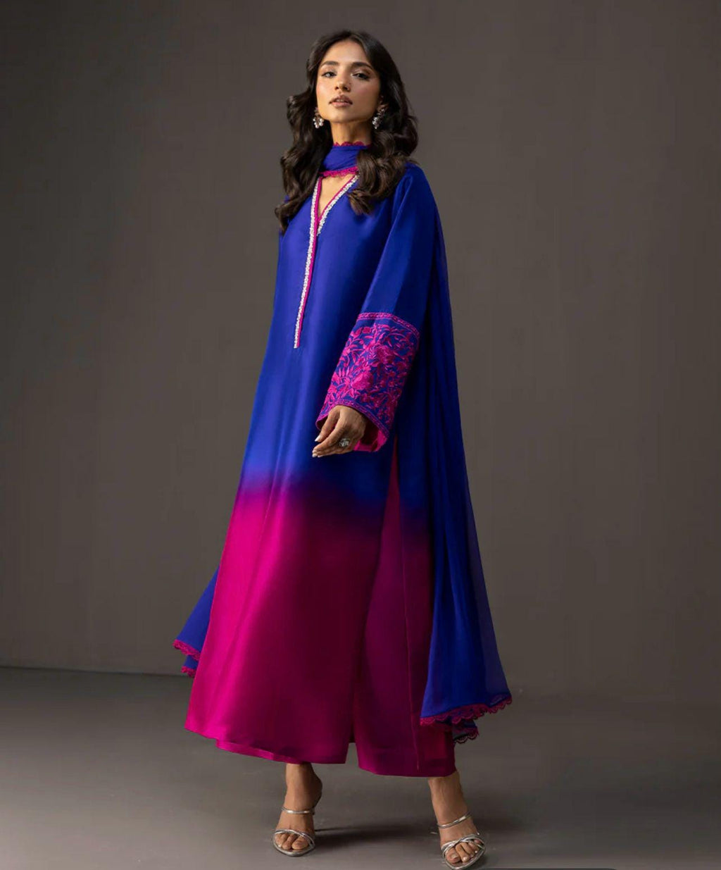 pakistani Ombre Elegance Farshi/long Suit with Embroidered Stone Neckline & Chiffon Dupatta lacing all round
