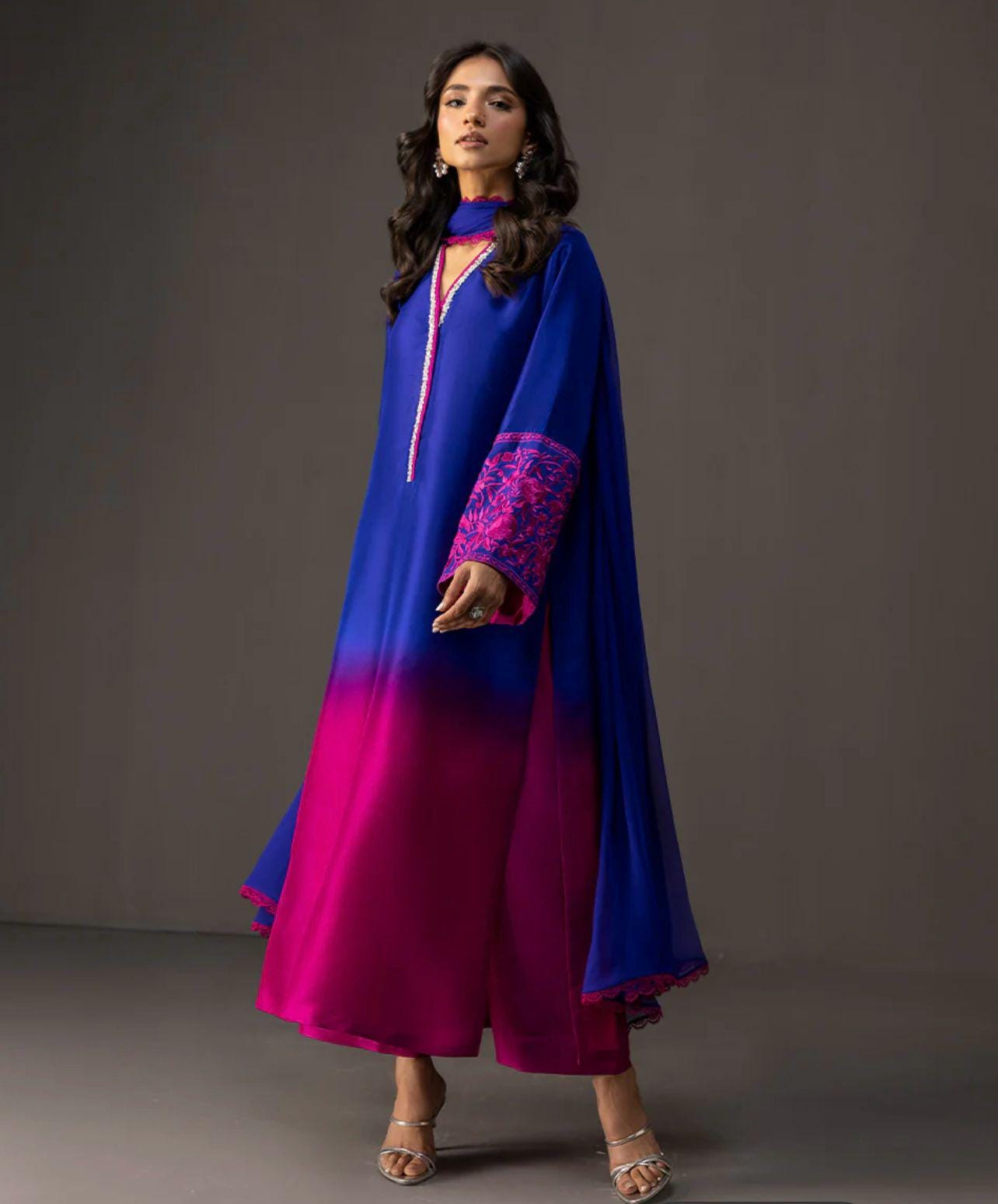 pakistani Ombre Elegance Farshi/long Suit with Embroidered Stone Neckline & Chiffon Dupatta lacing all round
