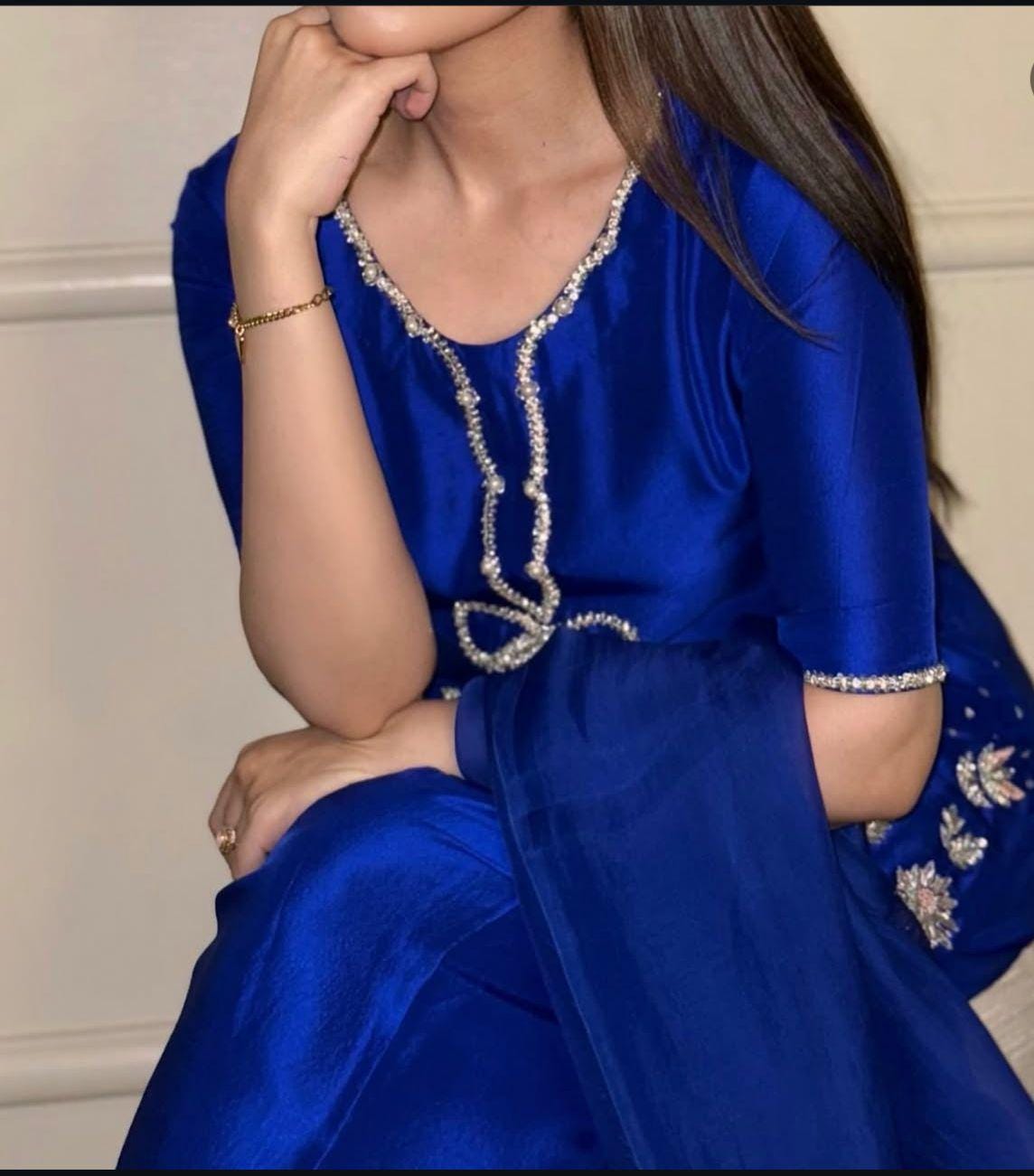 Pakistani Royal-electric Blue Handcrafted Silk Ensemble with Bow Neckline & eid Farshi Shalwar desi asian attire foruk usa europe people