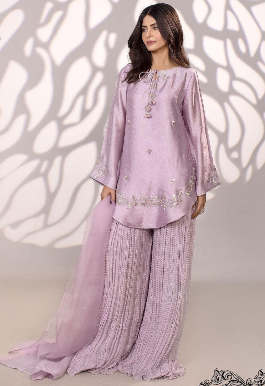 Lavender Shisha Silk Farshi Suit: 3-Piece Embroidered Pakistani Outfit for UK USA Germany Australia desi Asian attire muslims parties meetup