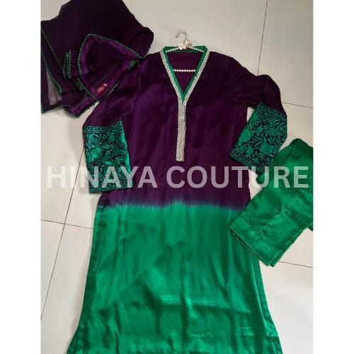 pakistani Ombre Elegance Farshi/long Suit with Embroidered Stone Neckline & Chiffon Dupatta lacing all round