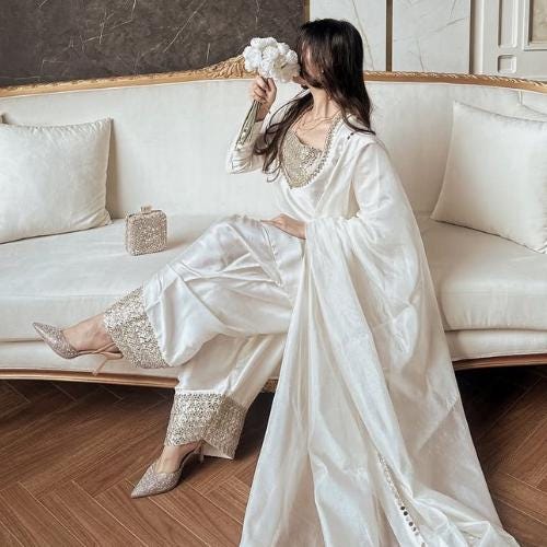 Pakistani indian Luxury FARSHI shalwar Mirror Work Dress in Shisha Silk – Ivory/White Eid & Wedding Ensemble,viral trending with laces