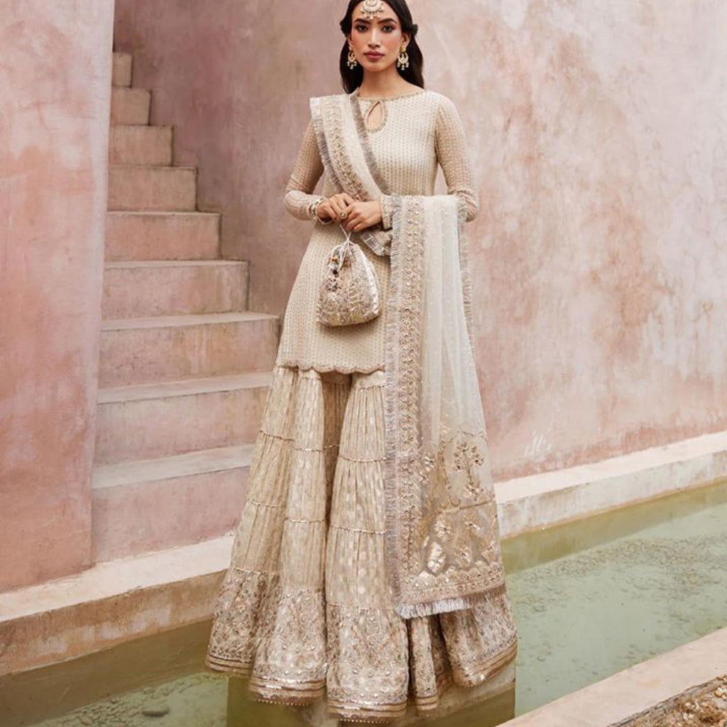 Mint Green and gold Party Wear Outfit: Embroidered Chiffon Shirt, Banarasi Garara patchwork pakistani n indian attire, nikah muslims-