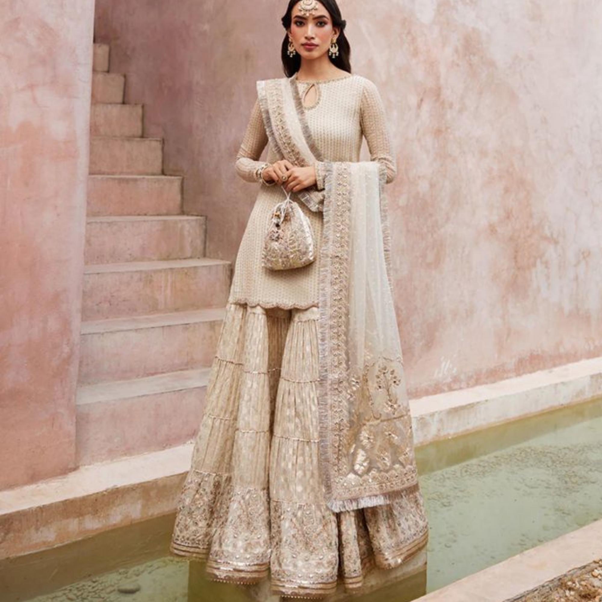 Mint Green and gold Party Wear Outfit: Embroidered Chiffon Shirt, Banarasi Garara patchwork pakistani n indian attire, nikah muslims-
