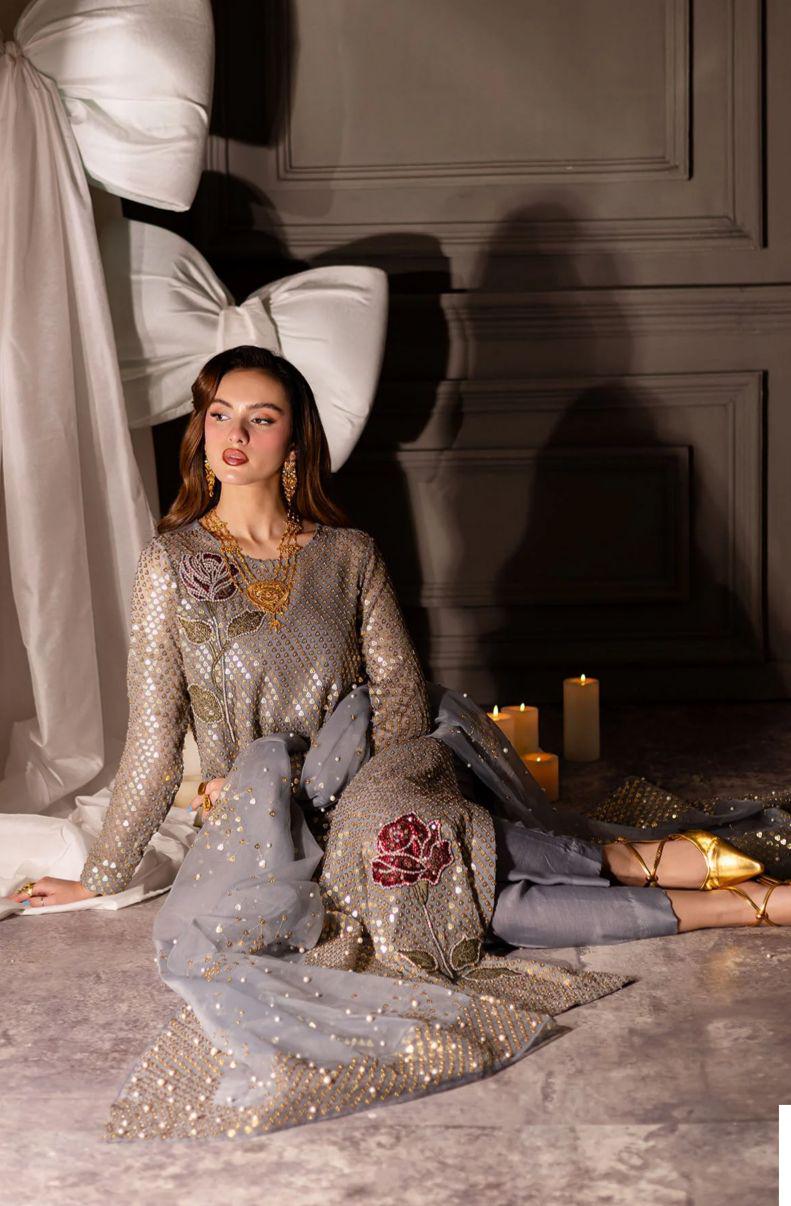 Rose Éclat – Sequined Chiffon Elegance in Nude with Handcrafted Silk & Organza Detailing party wear