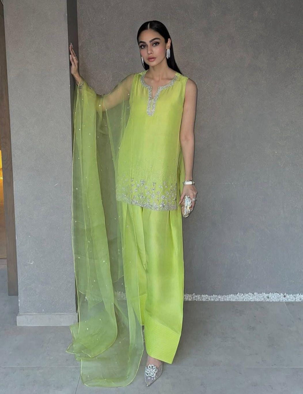 Lime Green Silk Farshi Shalwar Suit: Silver handcrafted Embroidery, Rhinestone Detail pakistani desi attire