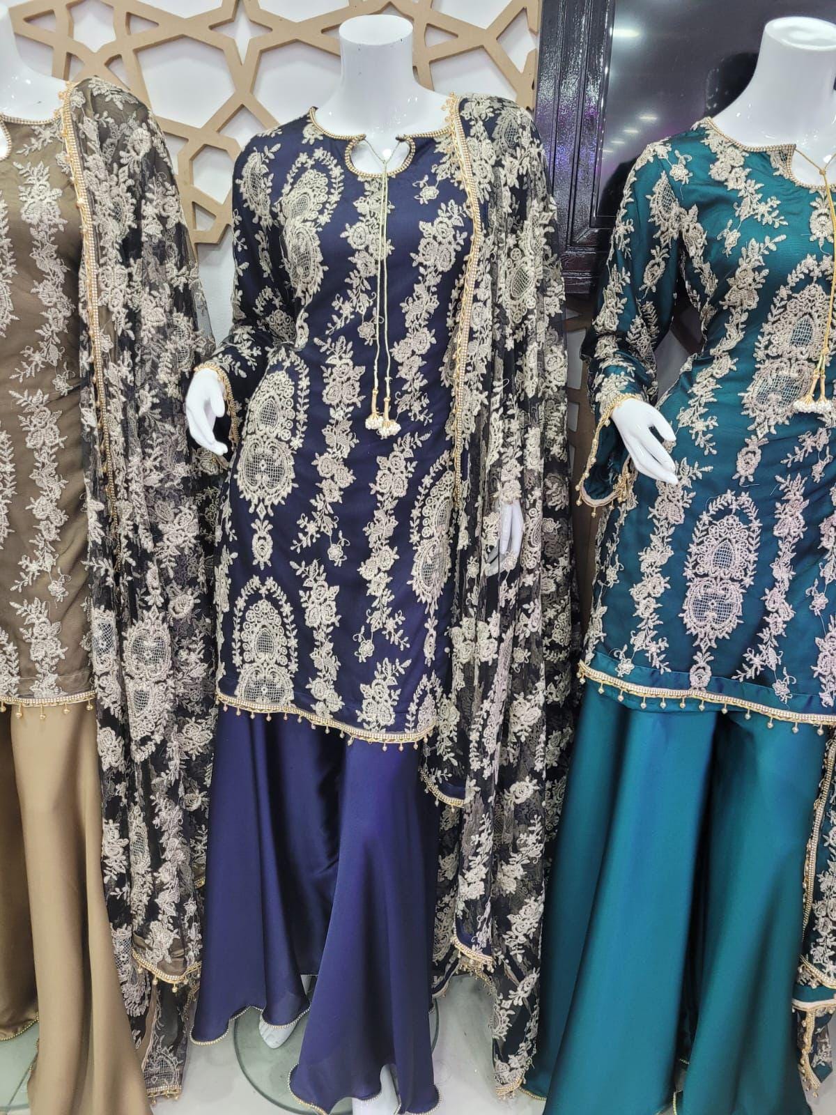 pakistani party wear shadi/wedding/nikah 3 piece plazo-garara-farshi shalwar lehenga garara embroidered suit