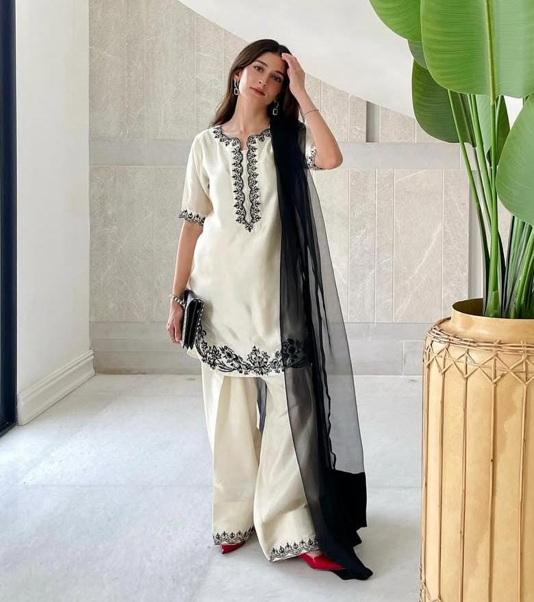 Black & White premiumi silk Farshi Shalwar Suit: Pakistani Inspired 3-Piece Ensemble