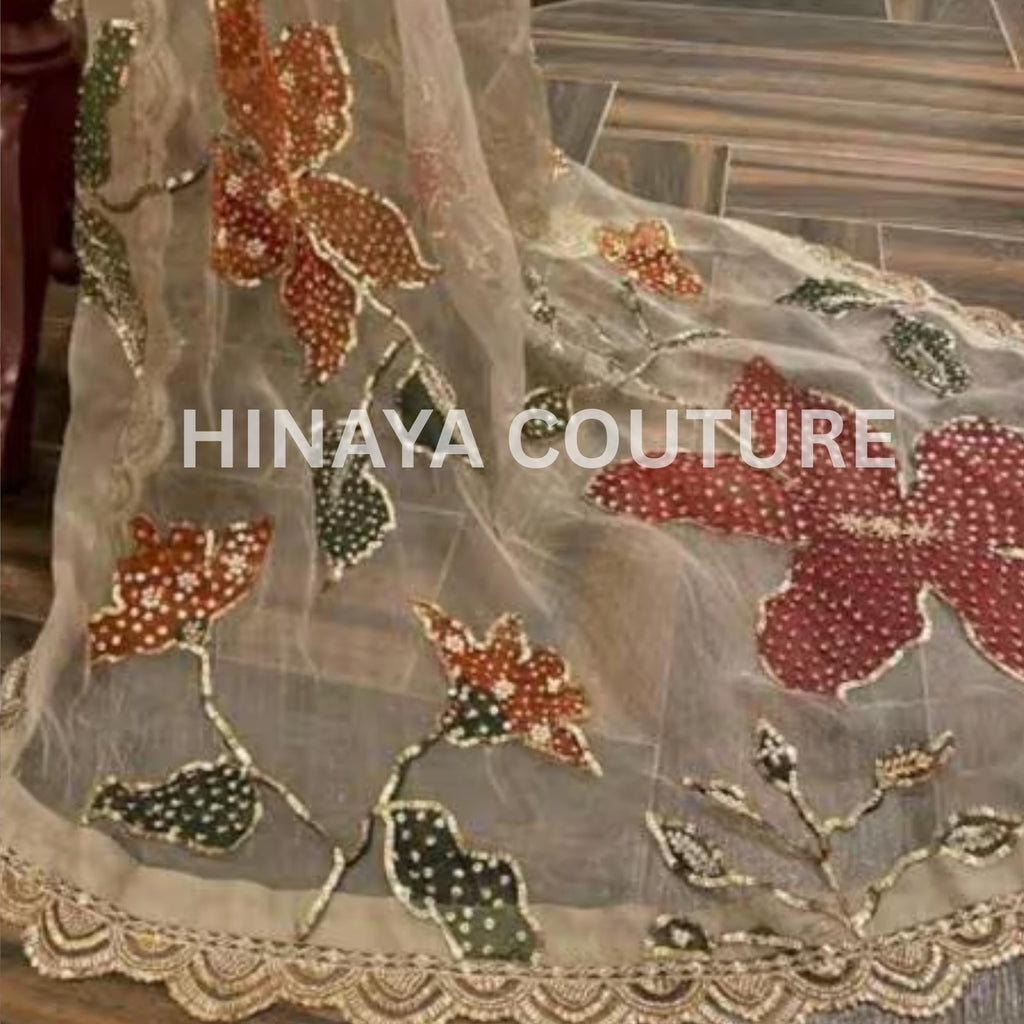 Hand-Painted Organza Dupatta: Zardozi Embellished Pakistani Party Wear-Handcrafted with zardozi,naqshi,beads,cutdana,pearls and rhinestones