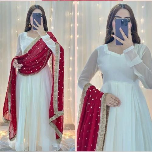 Red nikah pakistani party wear 3 piece - FARSHI shalwar suit,qabool hai indian frock maxi