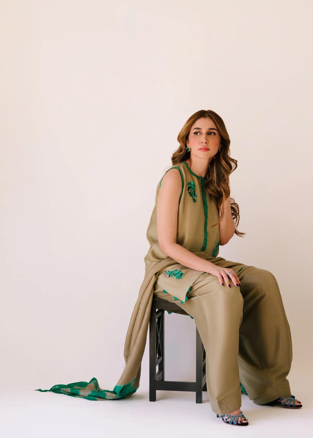 Dip n Dye Silk Farshi Suit: beige shalwar kameez with Emerald Green Embroidered Chiffon Dupatta best for UK USA lovers