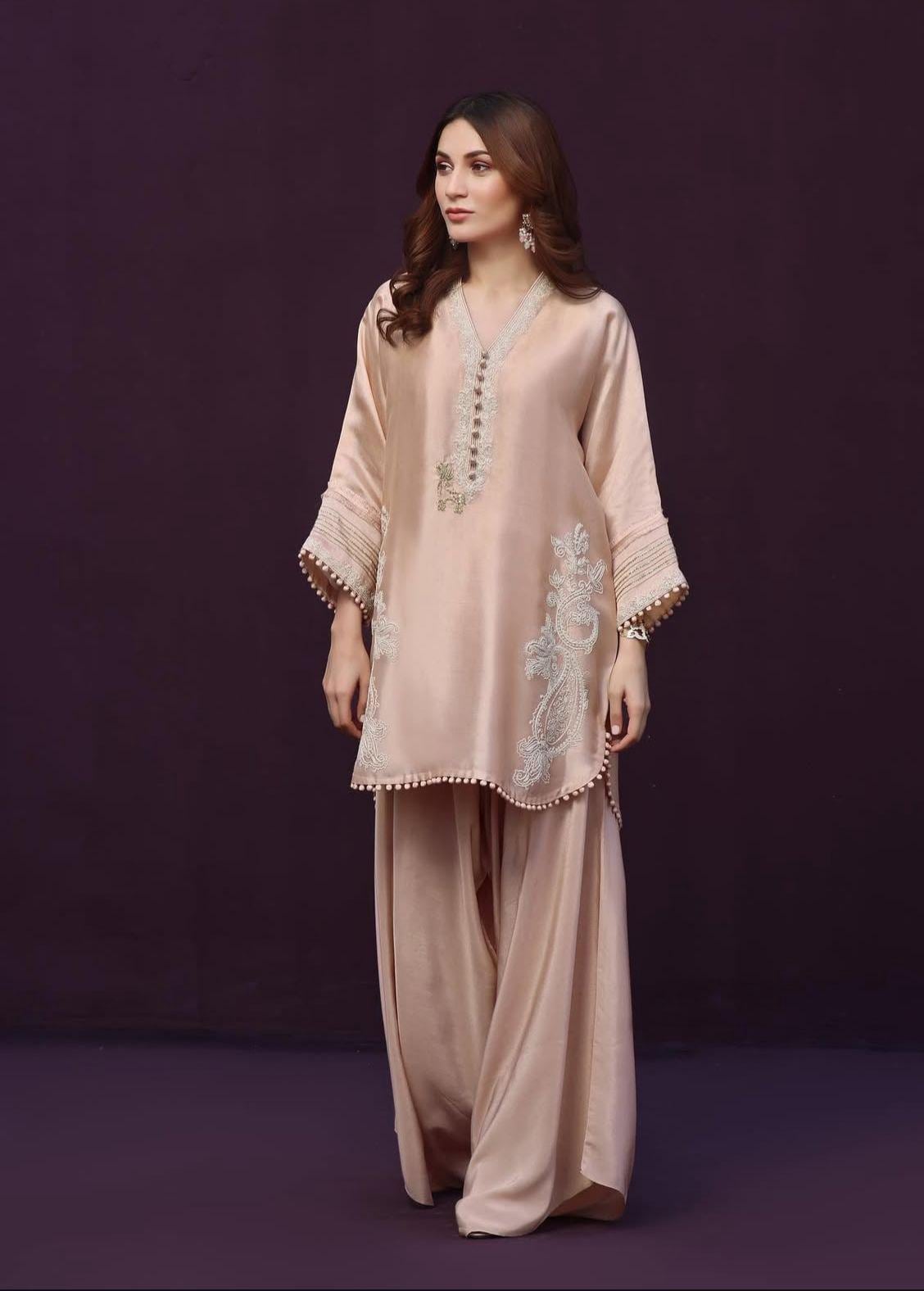 ivory Embroidered nude colour Silk Farshishalwar Set: Pakistani Plazo Suit, Wedding Party Eid Outfit, uk eid parties
