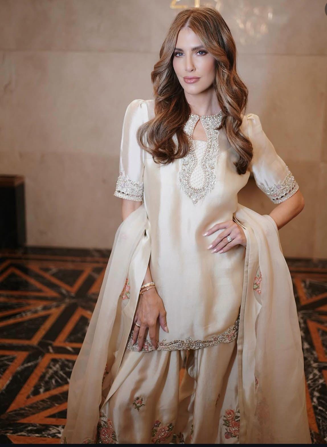 Ivory soft Sheesha Silk Pakistani Suit hand Embroidered 3-Piece Farshi shalwar n short shirt uk,usa,europe desi attire wedding style