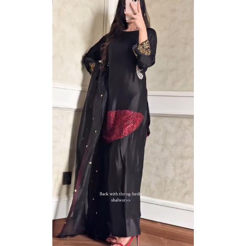 made to order Pakistani Farshi Suit: Hand-Embroidered 3-Piece Outfit red n black stunning classy eid party wear