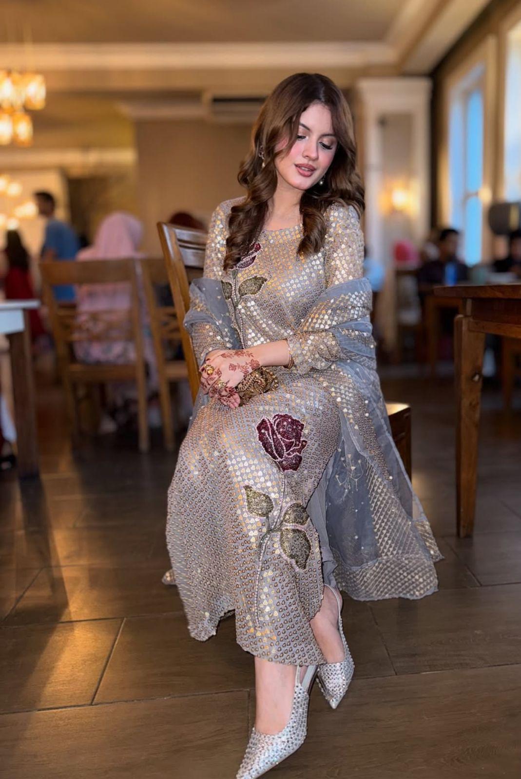 Rose Éclat – Sequined Chiffon Elegance in Nude with Handcrafted Silk & Organza Detailing party wear