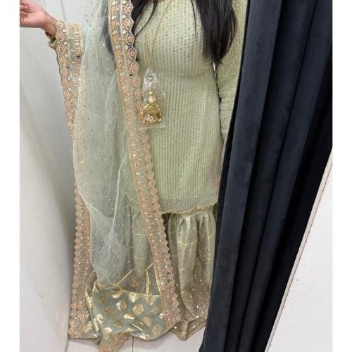 Mint Green and gold Party Wear Outfit: Embroidered Chiffon Shirt, Banarasi Garara patchwork pakistani n indian attire, nikah muslims-