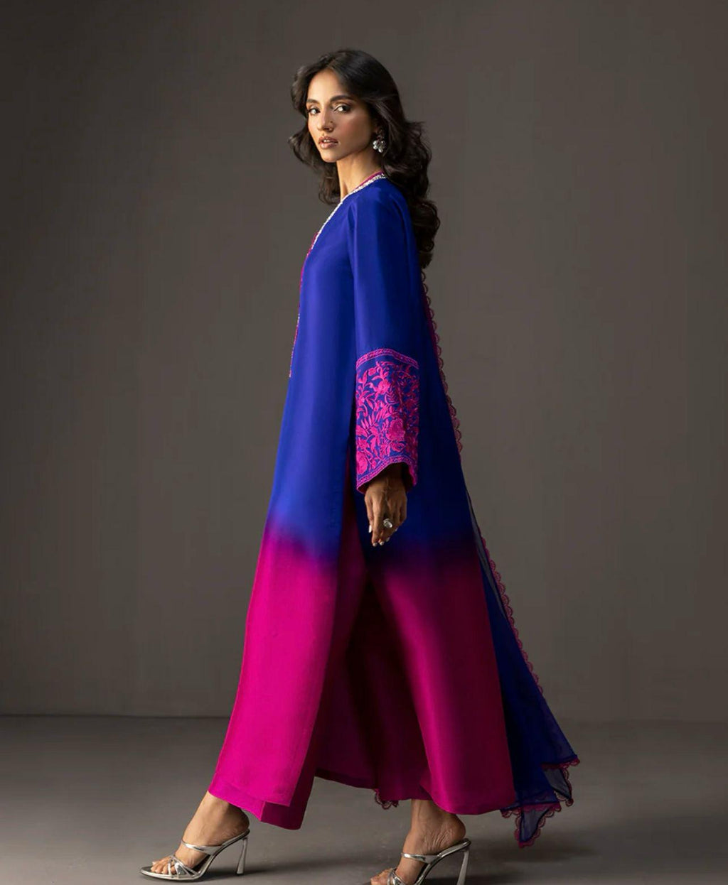 pakistani Ombre Elegance Farshi/long Suit with Embroidered Stone Neckline & Chiffon Dupatta lacing all round
