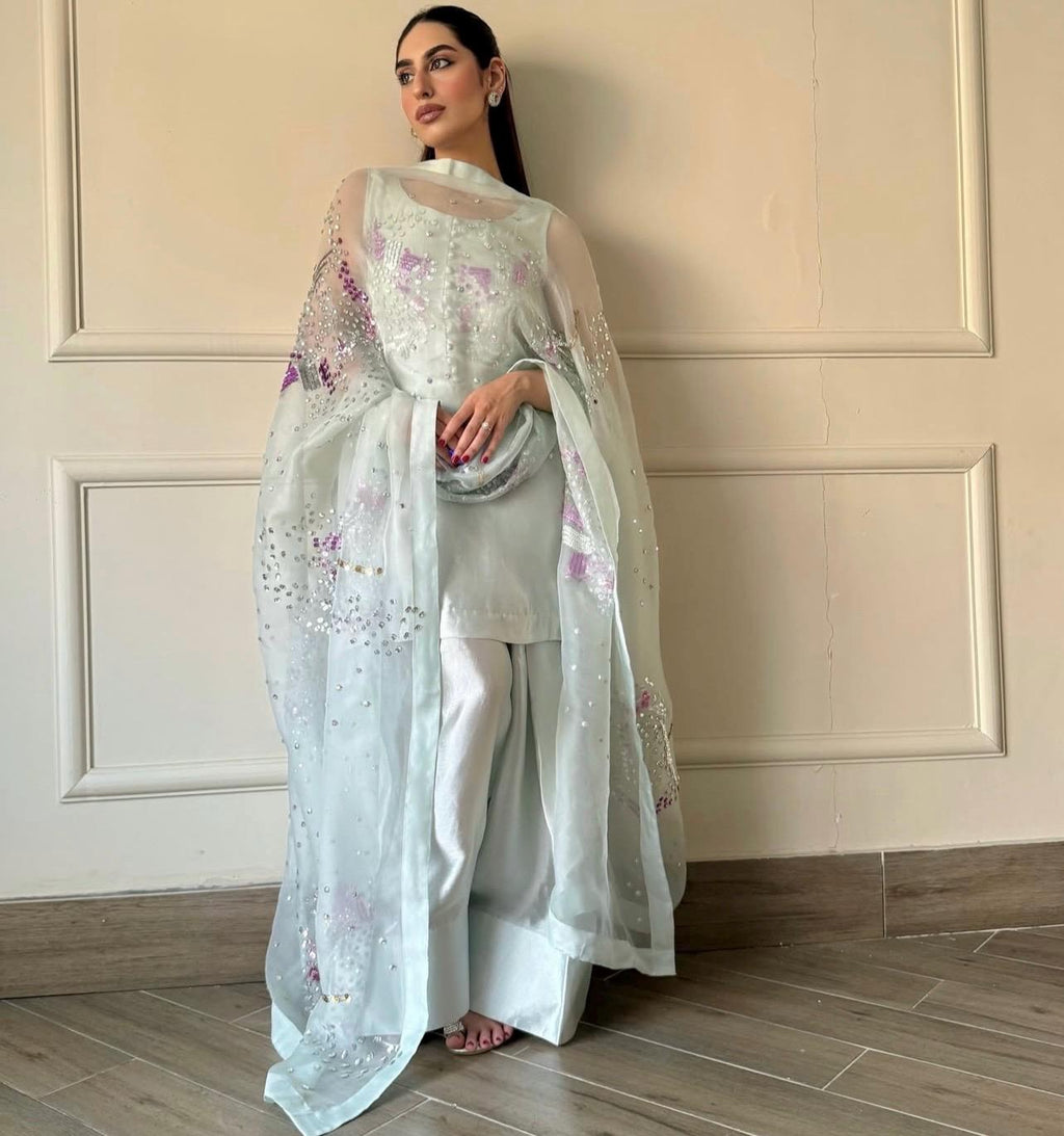Luxury Pakistani Farshi Shalwar Suit | Sheesha Silk & Organza | Handmade rhinestones sequins