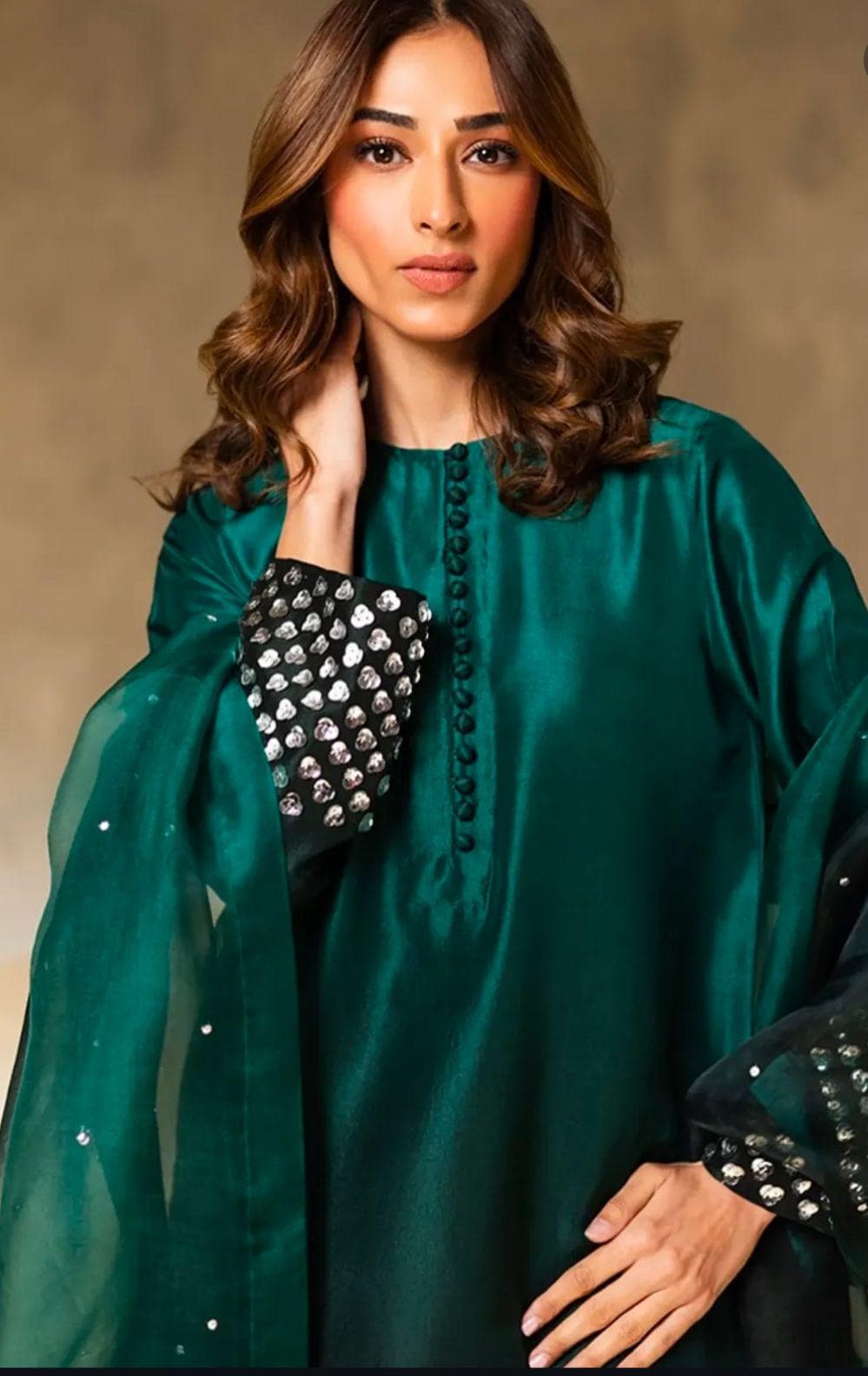 Emerald Elegance – gold sequins Work Formal Ensemble- 3piece FARSHI shalwar pakistani indian suit best for UK-USA-Canadian-Europe lovers