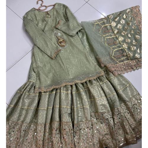 Mint Green and gold Party Wear Outfit: Embroidered Chiffon Shirt, Banarasi Garara patchwork pakistani n indian attire, nikah muslims-