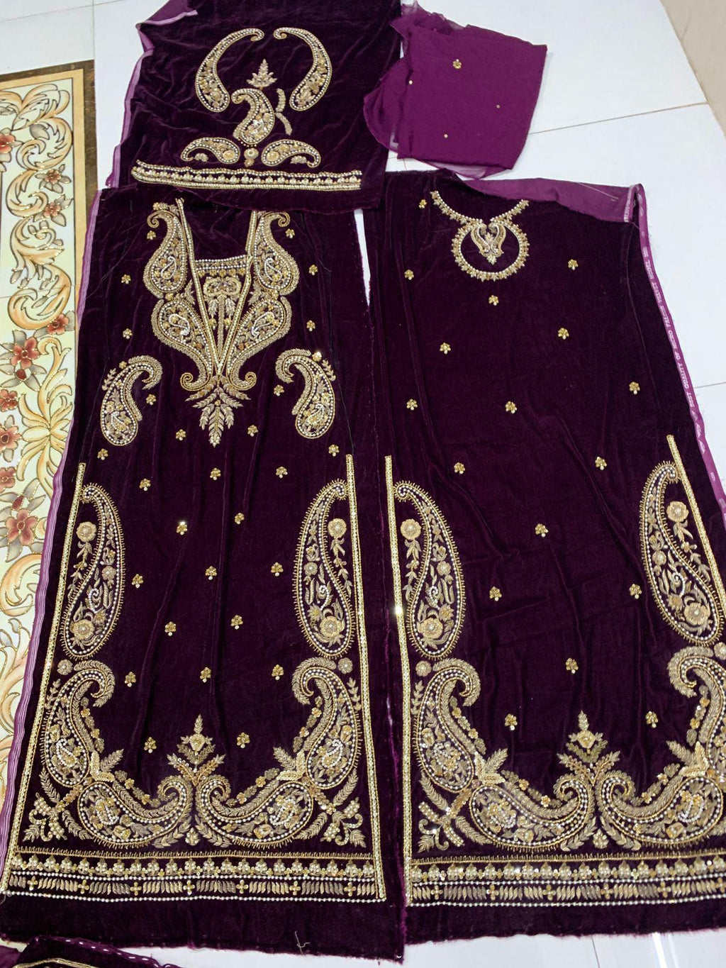 Velvet 3-Piece Set: Hand-Embroidered Zardozi work & Chiffon Dupatta silk bottoms asian pakistani attire eid milad parties