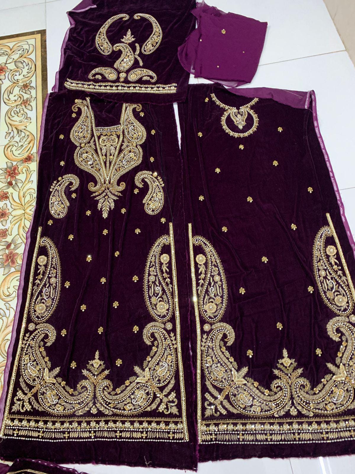 Velvet 3-Piece Set: Hand-Embroidered Zardozi work & Chiffon Dupatta silk bottoms asian pakistani attire eid milad parties