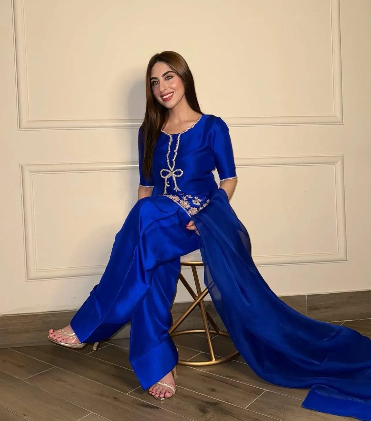 Pakistani Royal-electric Blue Handcrafted Silk Ensemble with Bow Neckline & eid Farshi Shalwar desi asian attire foruk usa europe people