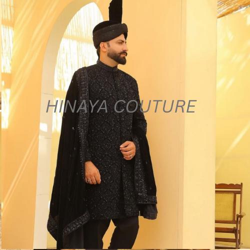 pakistani mens Hand Embroidered Sherwani Prince Coat Set: Black Velvet Shawl Groom Outfit,indian wedding nikah attire