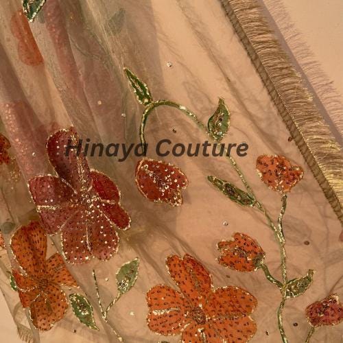 Hand-Painted Organza Dupatta: Zardozi Embellished Pakistani Party Wear-Handcrafted with zardozi,naqshi,beads,cutdana,pearls and rhinestones