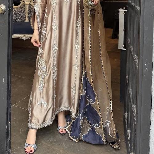Luxury Handcrafted Shisha Silk Pakistani Suit | 3-Piece Blue & Gold Outfit with Organza Dupatta | Wedding Eid Diwali Dress for Women