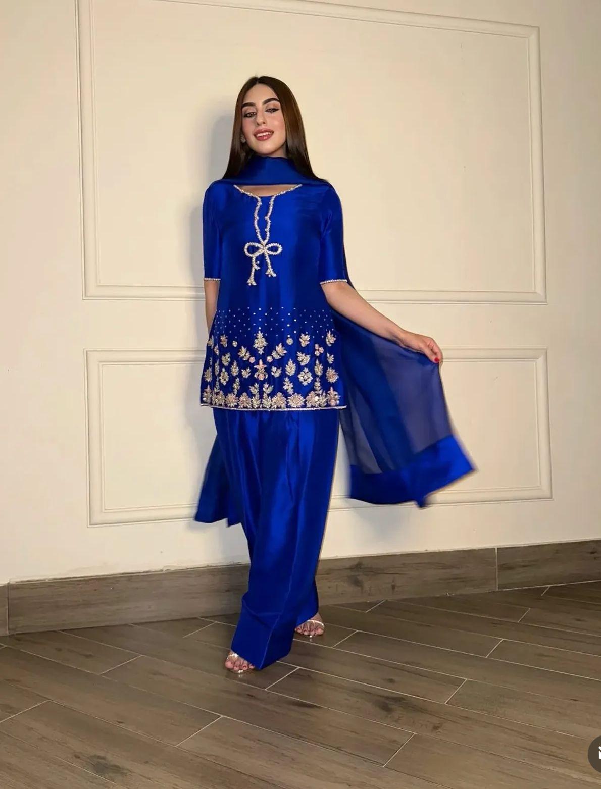 Pakistani Royal-electric Blue Handcrafted Silk Ensemble with Bow Neckline & eid Farshi Shalwar desi asian attire foruk usa europe people