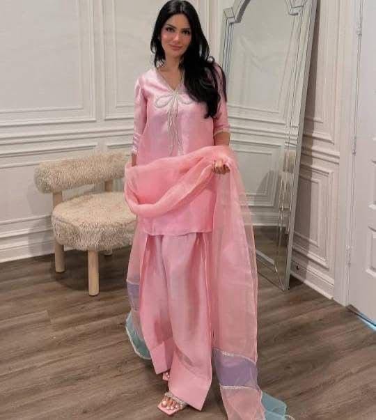 Pakistani FARSHI lama Silk Two-Piece Shalwar Kameez with Organza Dupatta & Elegant silver Bow Neckline,stunning graceful look muslims lovers