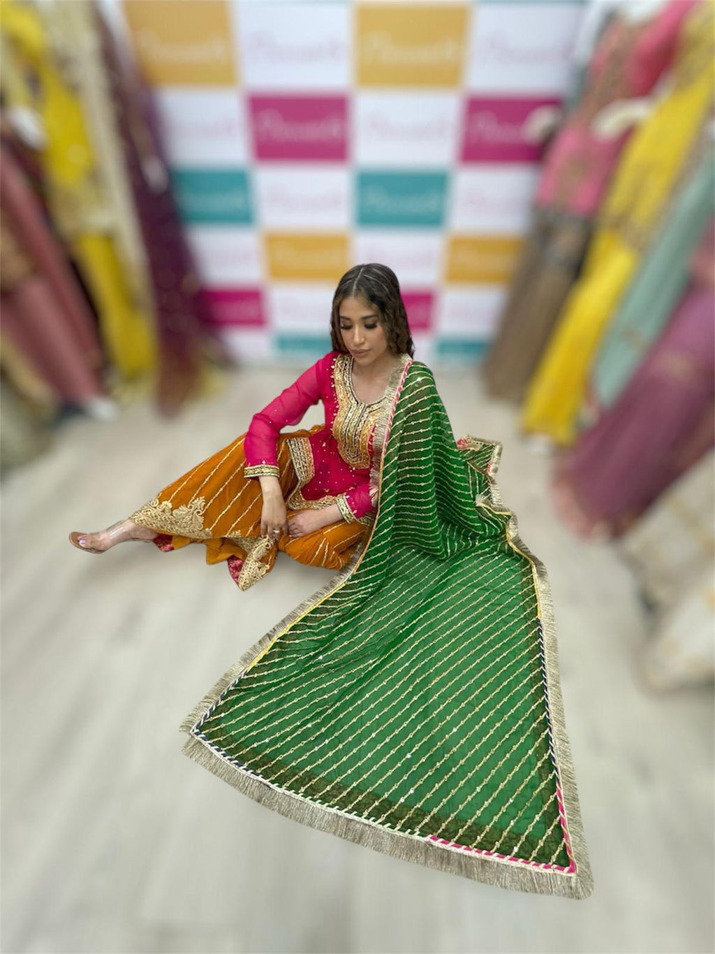 Mehndi Dholki Gharara Outfit – Traditional Gota Work with Vibrant Colors pakistani uk desi family lovers punjabi indian
