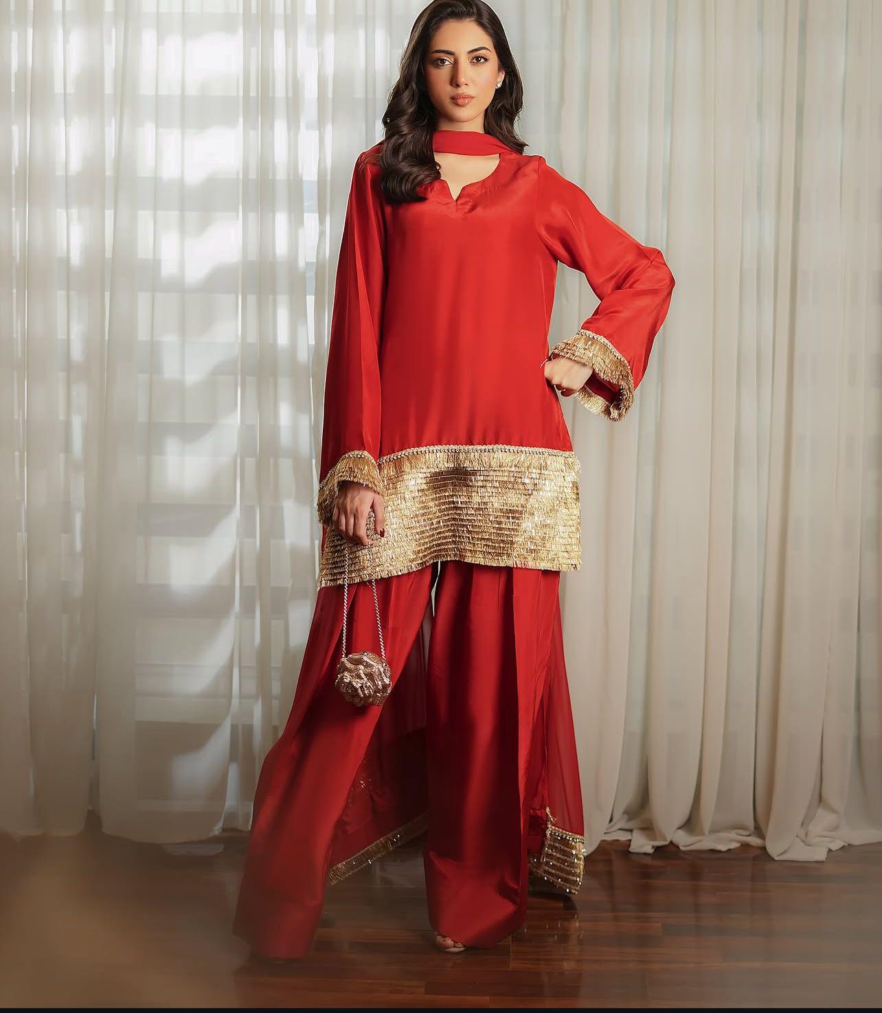 Stunning Three-Piece pakistani FARSHI Shalwar kiran lace premium silk Suit asian attire punjabi indian
