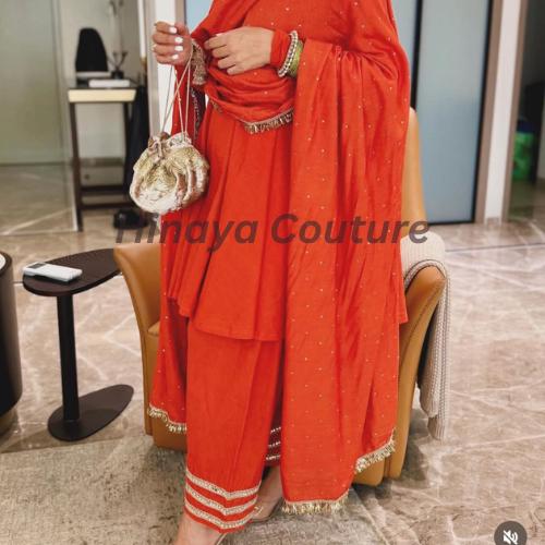 Fanta bright Orange Farshi pakistani-indian Dhoti Punjabi Suit: Hand-Mirrored Indo pakistani Wedding-party wear