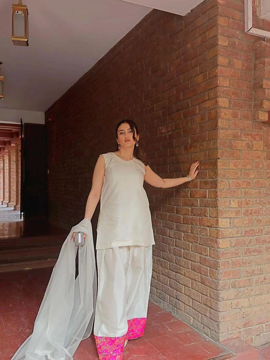 Two-Piece pakistani indian punjabi Farshi Shalwar in korean Raw Silk with Banarasi Jamawar Patch & Organza Dupatta