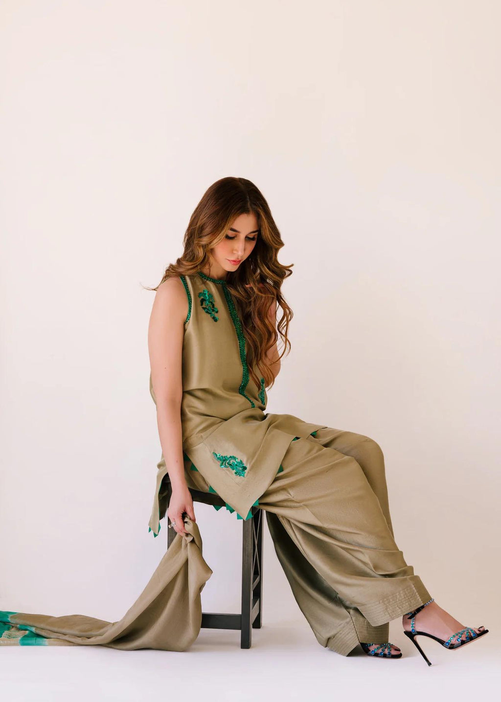 Dip n Dye Silk Farshi Suit: beige shalwar kameez with Emerald Green Embroidered Chiffon Dupatta best for UK USA lovers