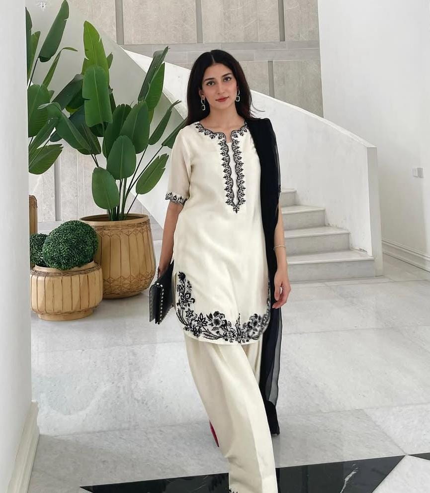 Black & White premiumi silk Farshi Shalwar Suit: Pakistani Inspired 3-Piece Ensemble