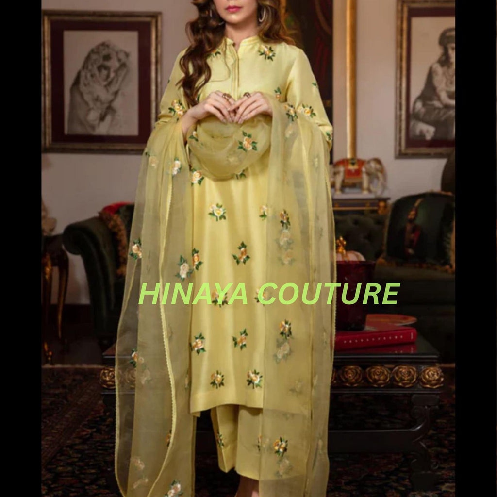 Stunning Pakistani floral Embroidered 3 Piece Suit | Premium Silk Outfit with Organza Dupatta | Eid & Wedding Party Wear-dawat gatherings