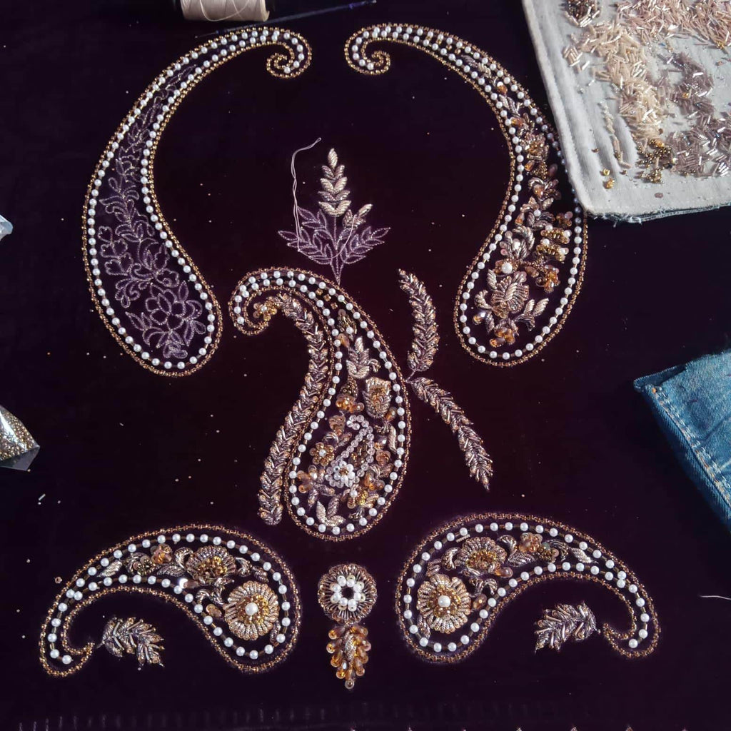 Velvet 3-Piece Set: Hand-Embroidered Zardozi work & Chiffon Dupatta silk bottoms asian pakistani attire eid milad parties