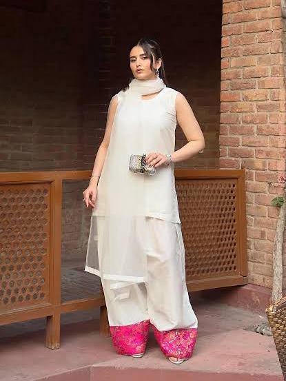 Two-Piece pakistani indian punjabi Farshi Shalwar in korean Raw Silk with Banarasi Jamawar Patch & Organza Dupatta