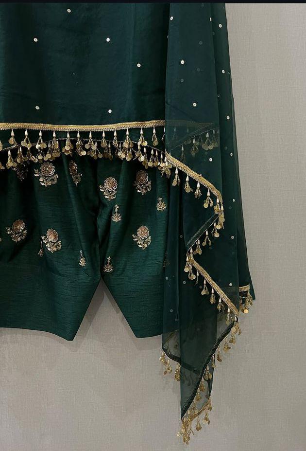 Embroidered Silk Farshi Shalwar Kameez with laces n nice tassels Bottle Green Pakistani Outfit,UK fashion-desi attire,usa parties