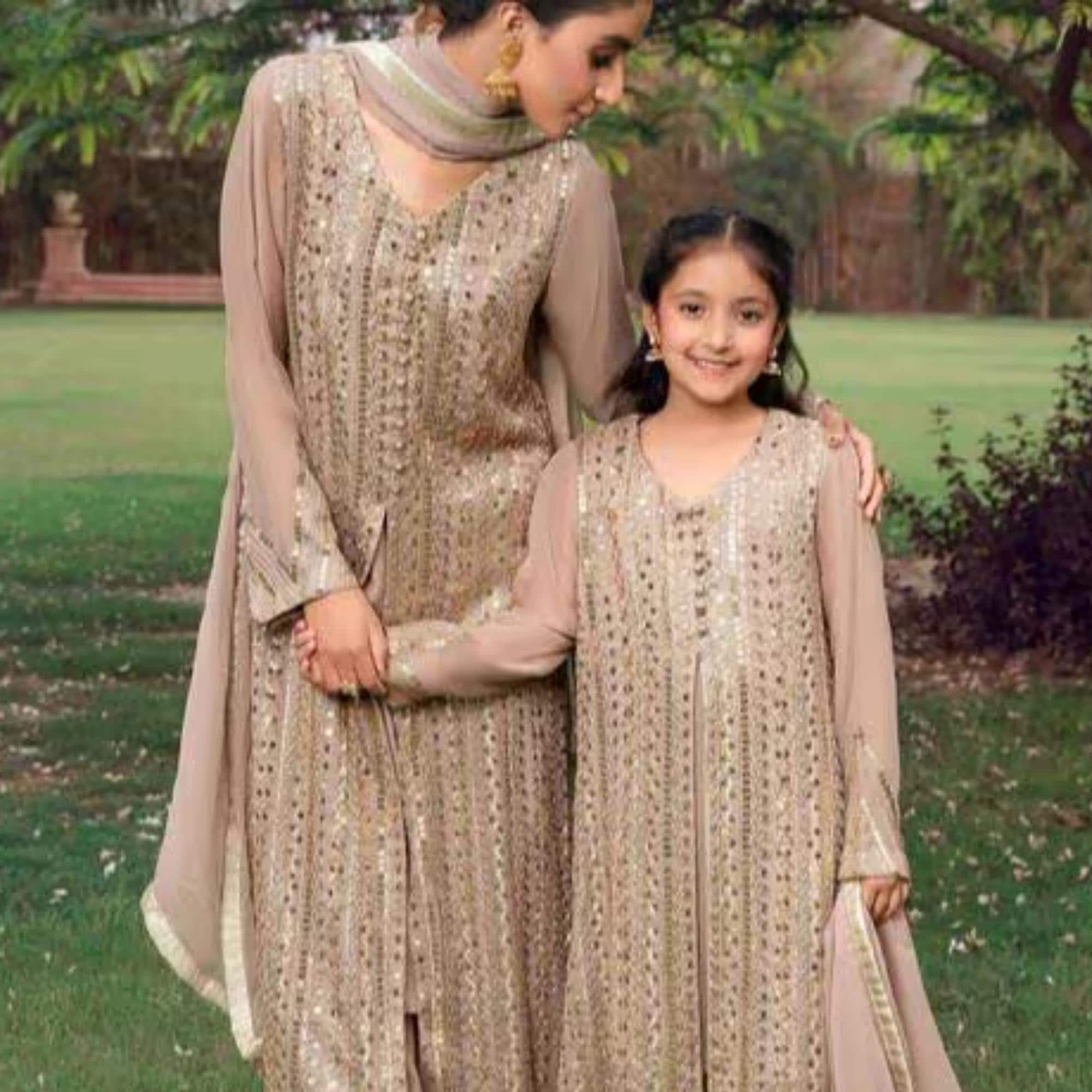 Elegant Embroidered Chiffon Mom & Daughter viral trending pakistani sequins Outfit.